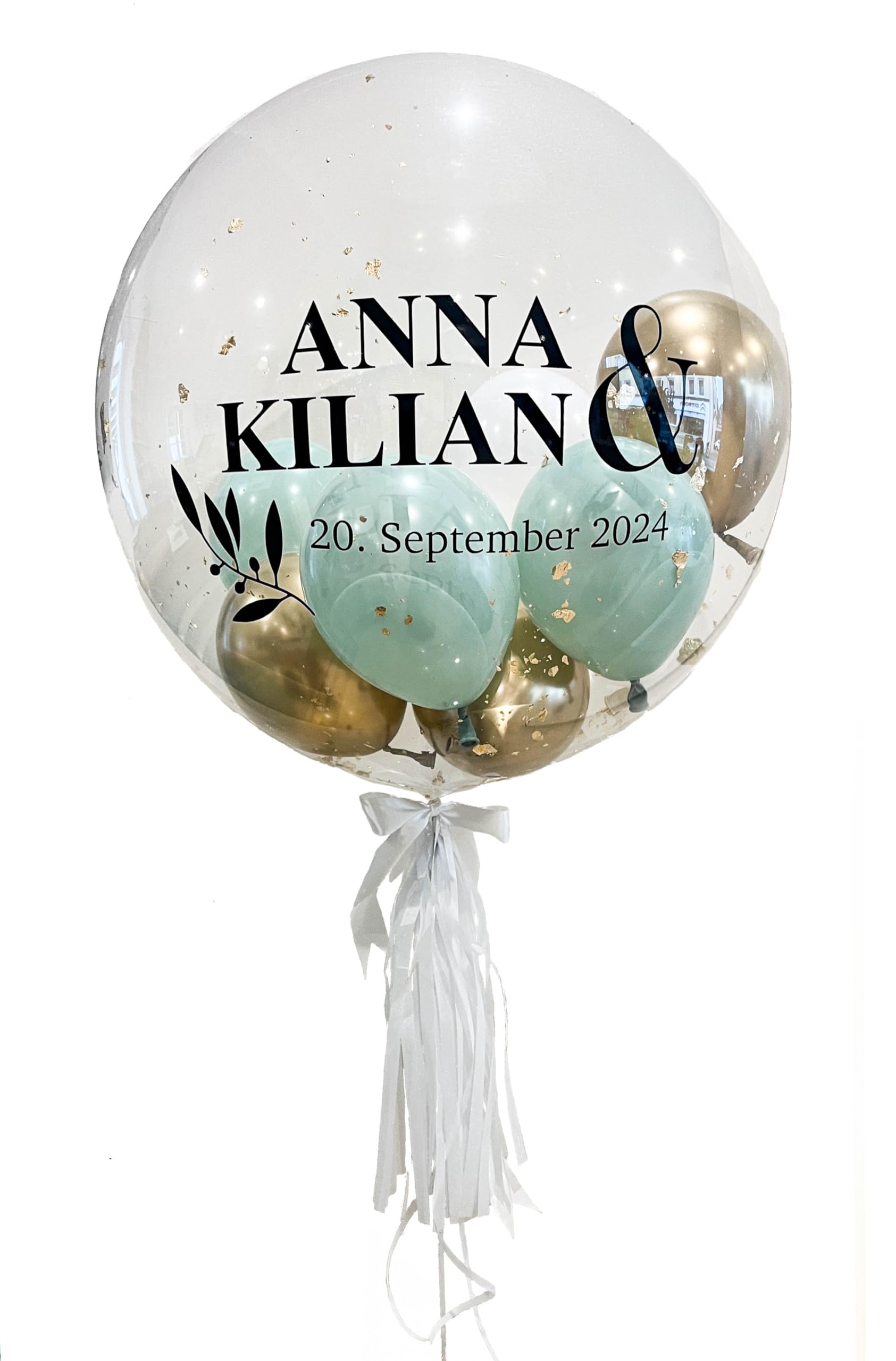 Personalisiertes Ballongeschenk: Durchsichtiger Heliumballon mit Bunten Ballons, Geschenk zur Hochzeit, Hochzeitsmitbringsel
