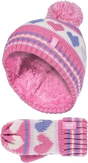 Heat Holders - Girls Winter Insulated Warm Ski Beanie Pompom Hat and Mittens Set (3-6 Years, PHH1P11)