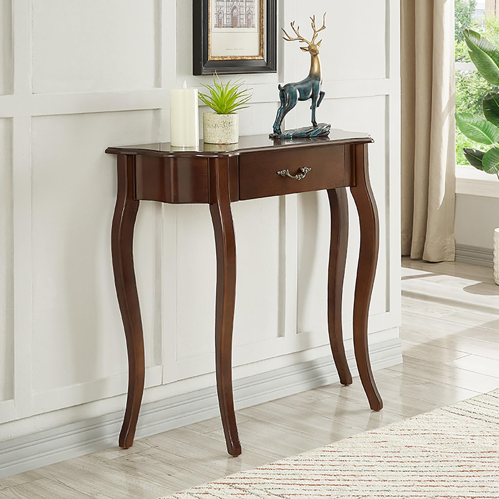 Nileco Solid Wood Console Table with Drawer, Semi-circle Entryway Table Half-moon Elegant Display Furniture with Cabriole Legs for Living Room, Hallway, Foyer, Corridor, Sofa