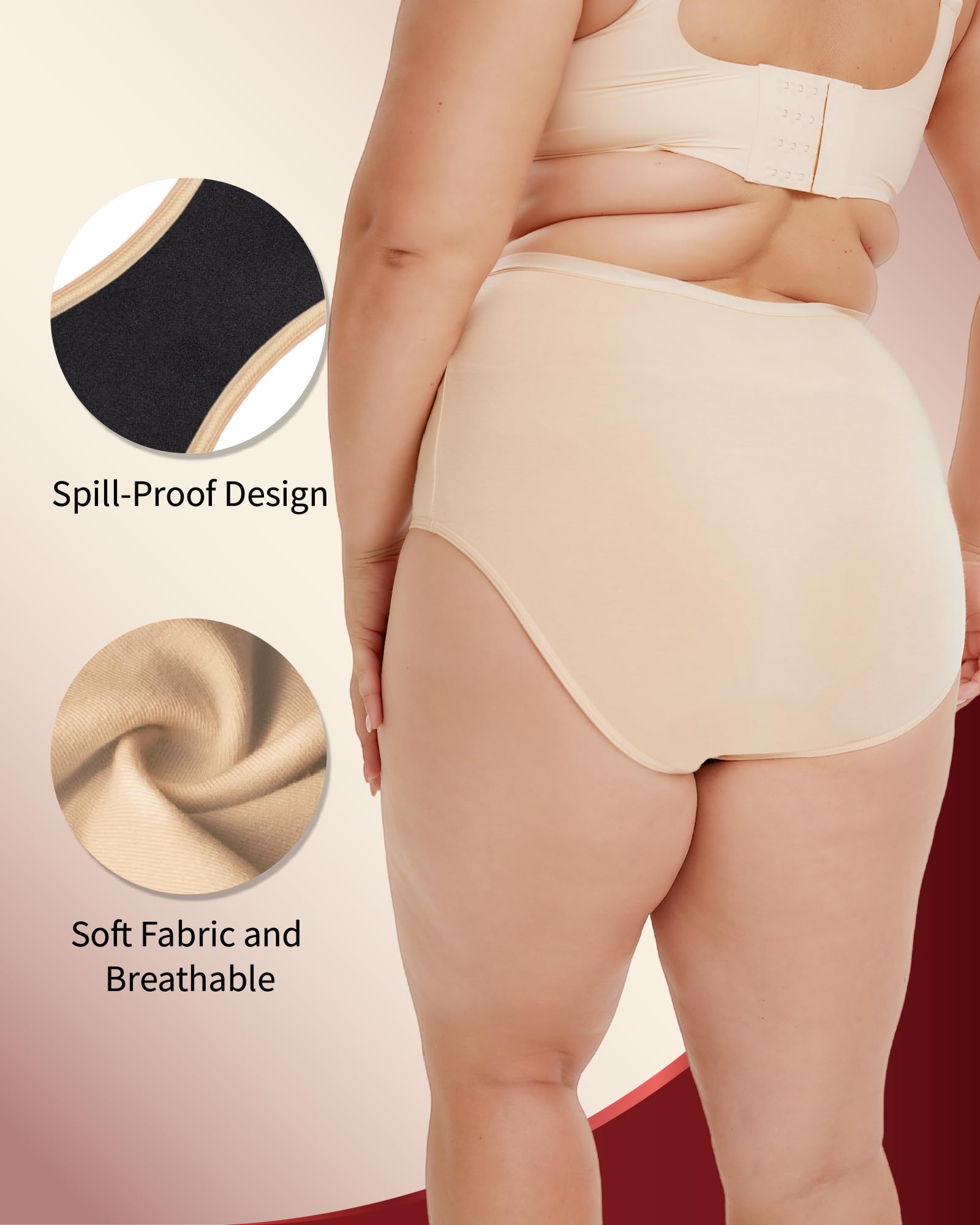 Ropa interior lavable para incontinencia para mujer, a prueba de fugas, absorbentes, de cintura alta para fugas, paquete de 2 (beige, L)