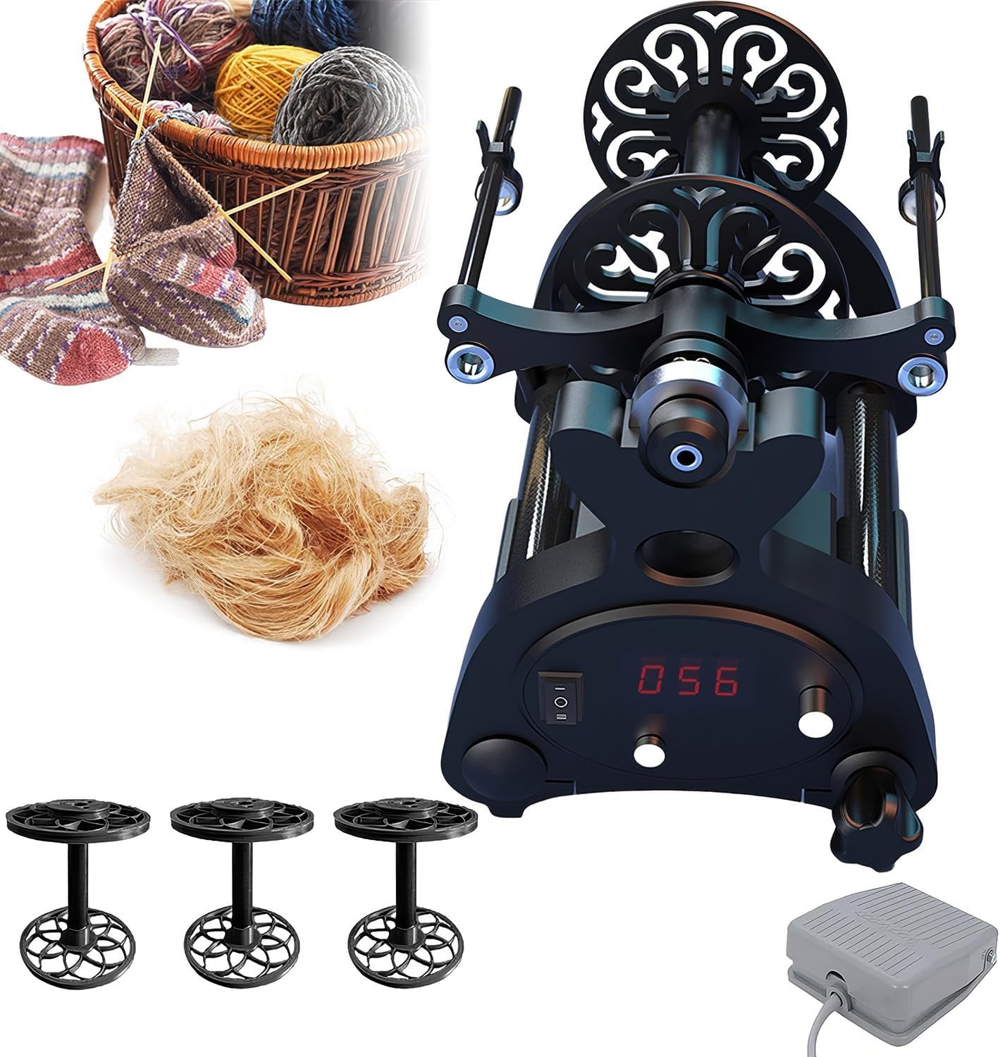 Electric Yarn Spinner with Foot Controller & 3 Bobbins, Stepless Adjustable Speed, Forward and Reverse, 8oz Capacity for Yarn Weaving(Black2)