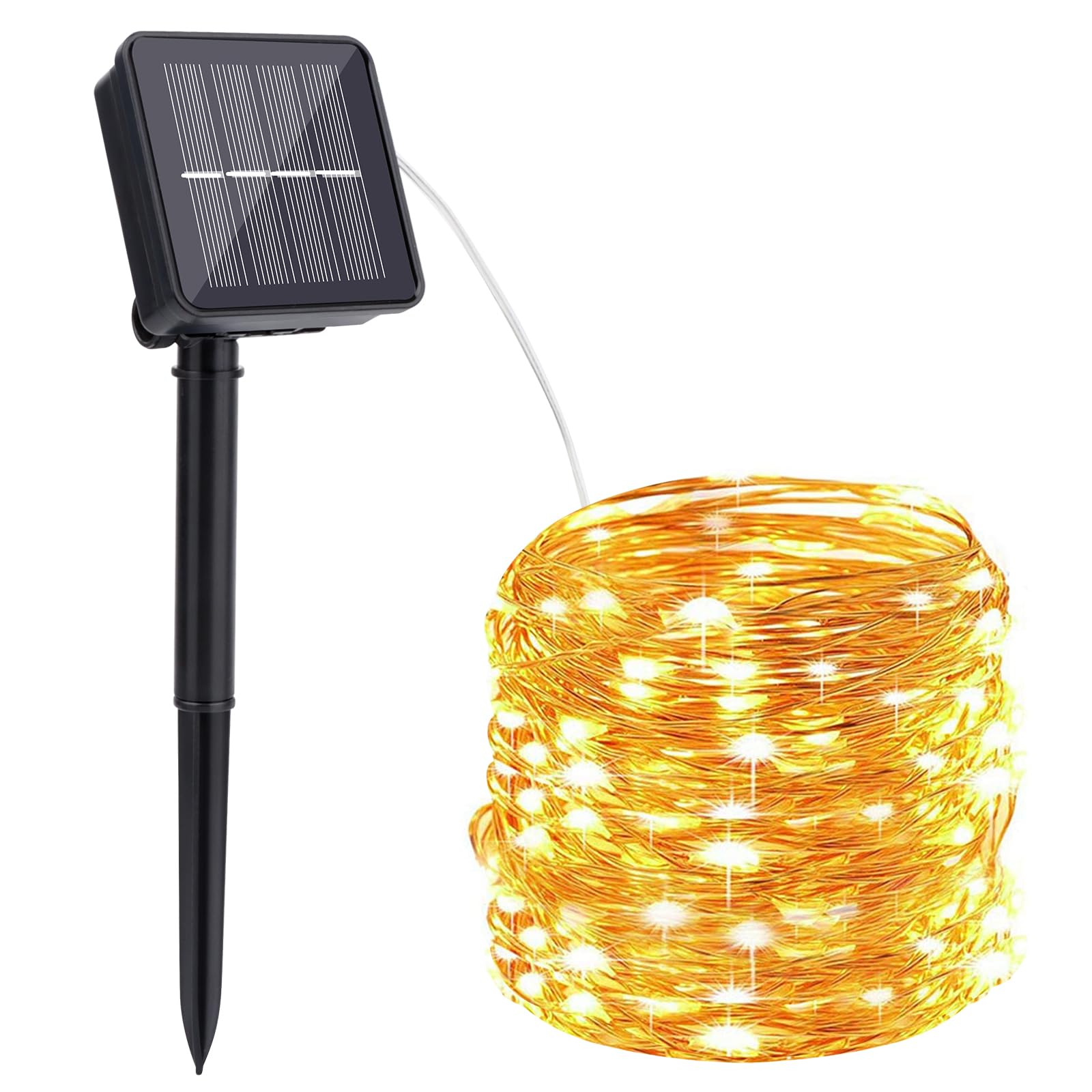 RISVOWO Guirnaldas Luces Exterior Solar, 10M 100 LED Guirnalda Luces Solares, 8 Modos IP65 Impermeable Cadena de Luces Solar Decoración para Jardín, Terraza, Patio, Navidad, Fiesta (Blanco Cálido)