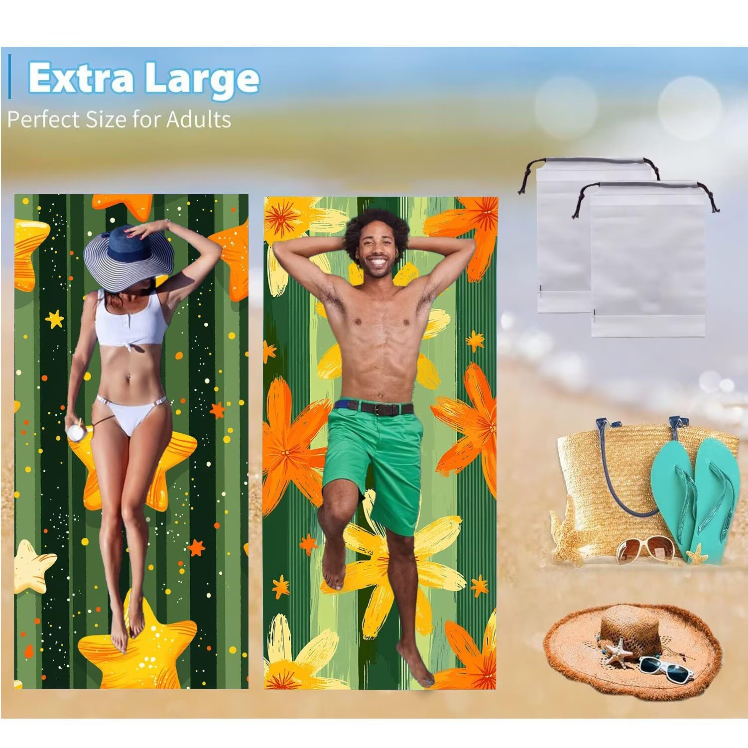 Ręcznik plażowy xxl 2 opakowania Duży ręcznik plażowy z mikrofibry 80 x 160 cm odporny na piasek, szybkoschnący, bardzo chłonny ręcznik kąpielowy, letni prezent dla kobiet (gwiazdy) B-992