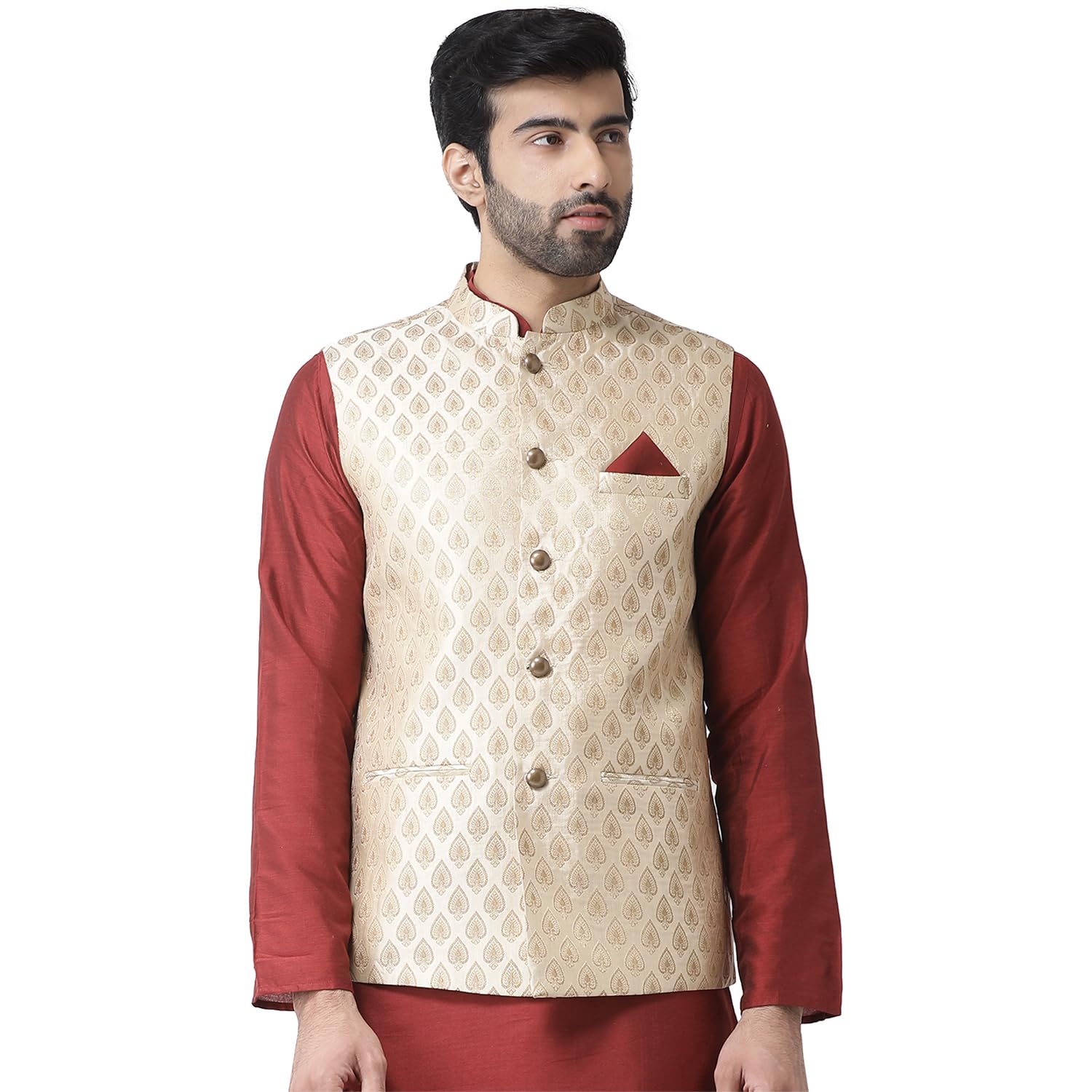 Men Gold-Toned Woven Design Nehru Jacket Ethnic Festive Waistcoat Cotton, Regular Fit-image-23