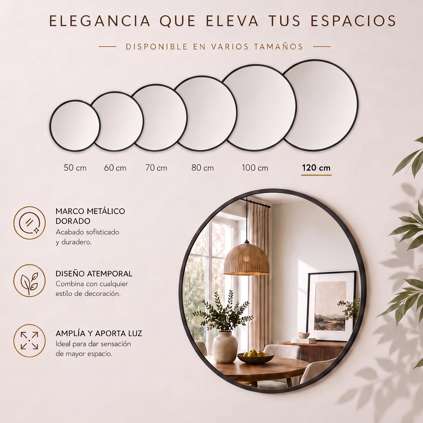 edihome, Espejo Redondo Grande de Pared, Negro 120 cm - Marco de Metal, Decorativo y Colgante, para Baño, Entrada, Recibidor, Pasillo, Dormitorio y Salón