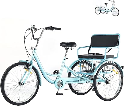 Adult Tricycle 7 Speed, 3 Wheel Bikes 24 Inch Extended Rear wheelbase Tricycle Wheel Bike Maximum Load 550lbs w/Seat for Women/Children Seniors,Free Large-Capacity Basket