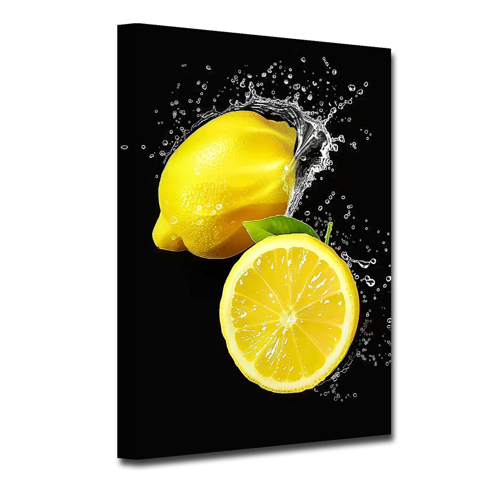 SWQYLB Lemon Canvas Wall Art Fruit Picture Lemon Splash Water Painting Cool Summer Art Prints Kitchen Pictures Dining Room Restaurant Wall Decor Frame