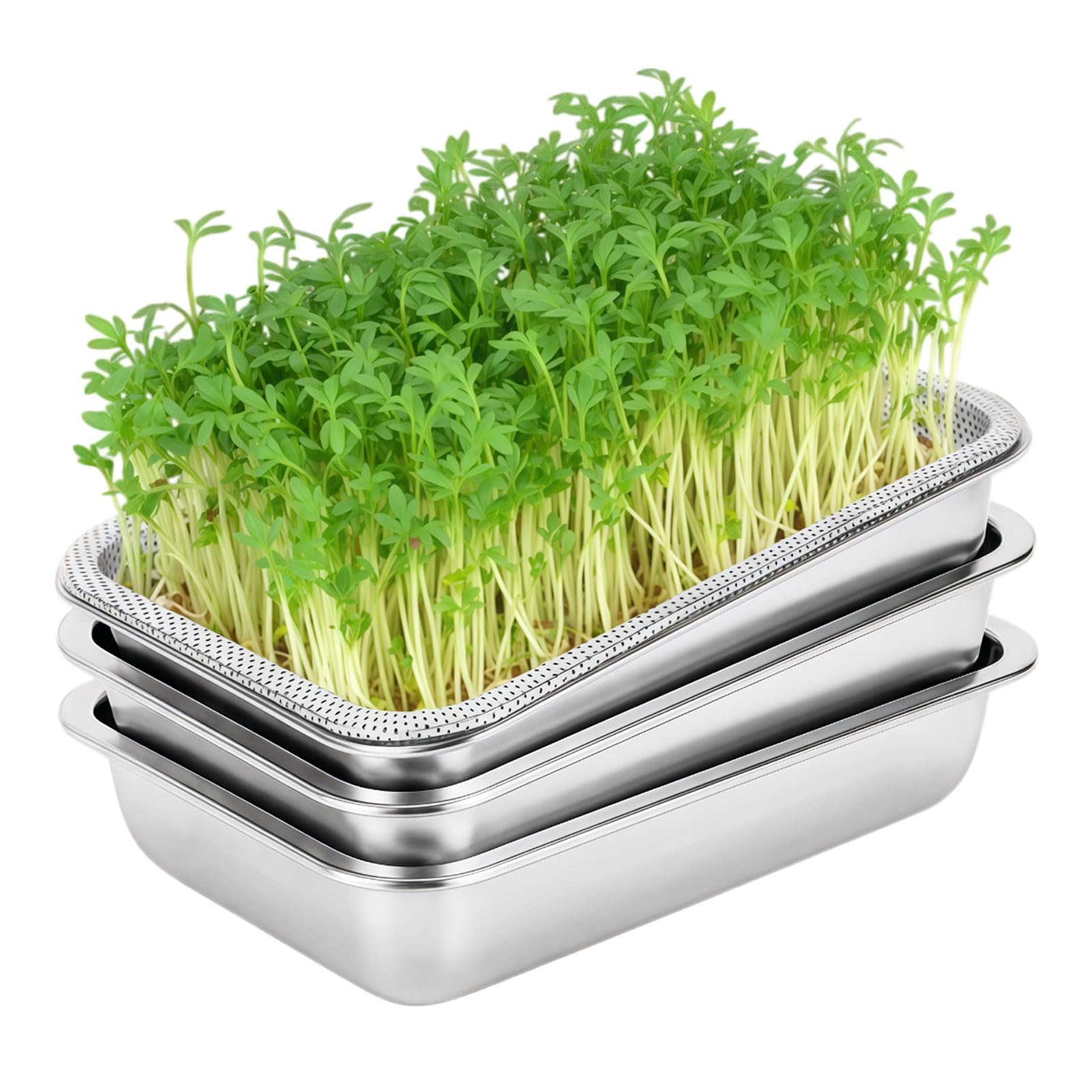 3 Stück Microgreens Growing Kit, Microgreen Schalen für Samensprouter, Sprossenschale zum Anbau von frischen Sprossen, Weizengras, Alfalfa Samen Keimung, Edelstahl