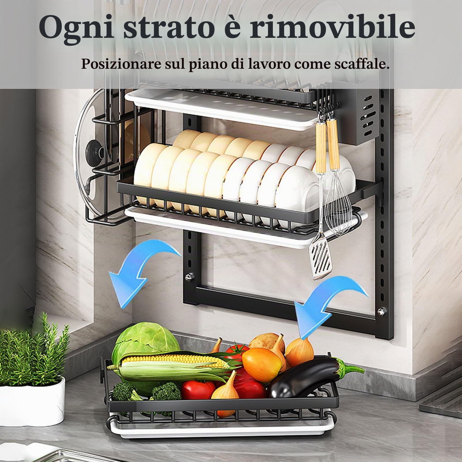 Scolapiatti a Parete,Vaschetta scolapiatti a Parete a 2 Livelli,Scaffale per Stoviglie con Scolapiattis,Scolapiattis da Cucina,Salvaspazio,Antiruggine,per Piatti,Ciotole e taglieri