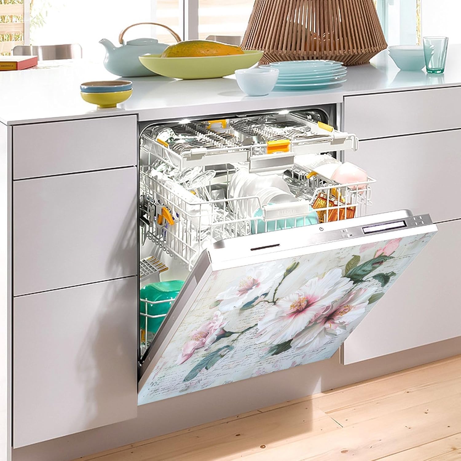 食器洗い機マグネットカバーパネル 美しい白い花 ヴィンテージ冷蔵庫磁気電子レンジステッカー 洗濯機 冷蔵庫 66 x 58.4 cm