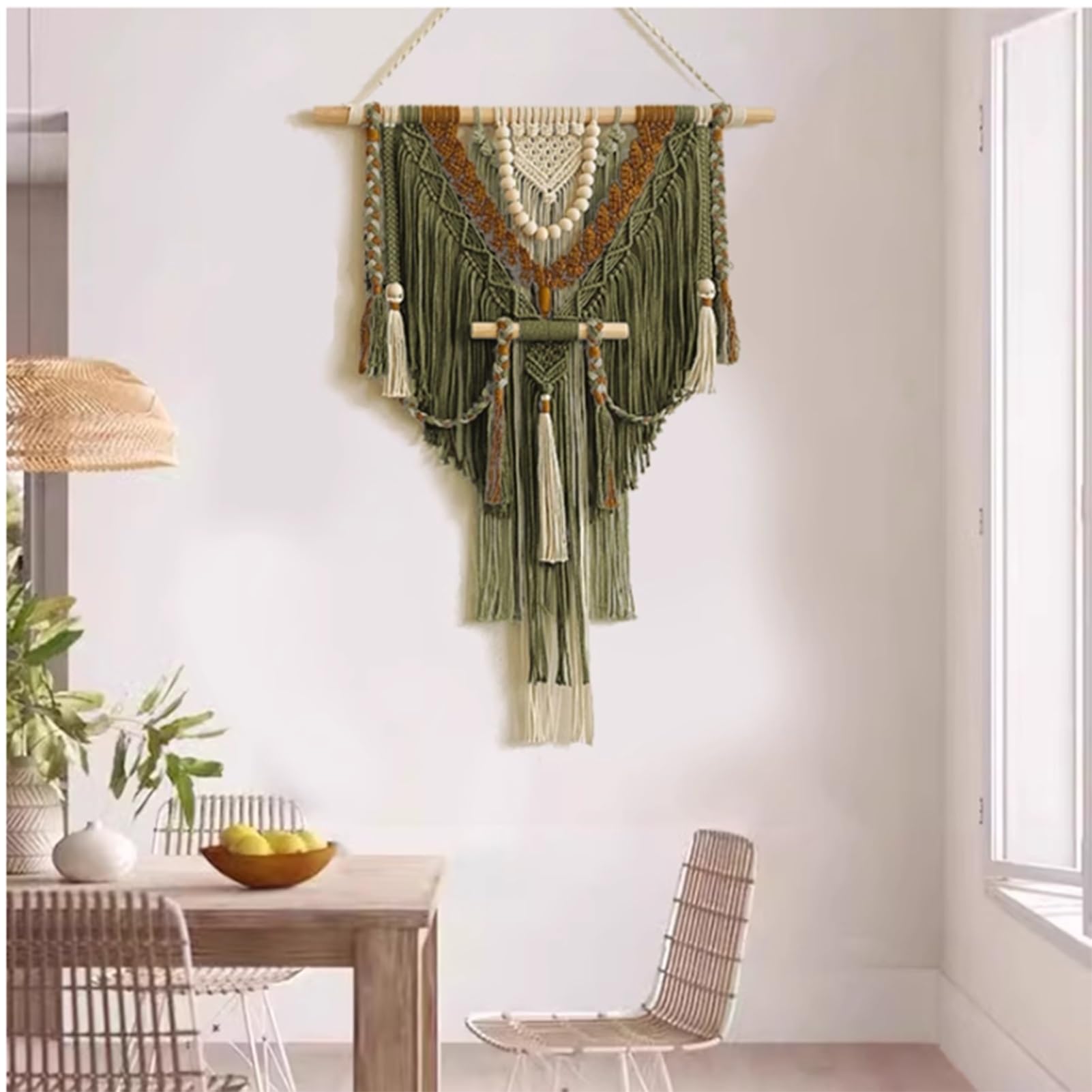 Tapices Macramé Tapiz de pared bohemio de macramé - Tapiz verde tejido con cuentas de madera y borlas | Decoración para dormitorio/sala de estar