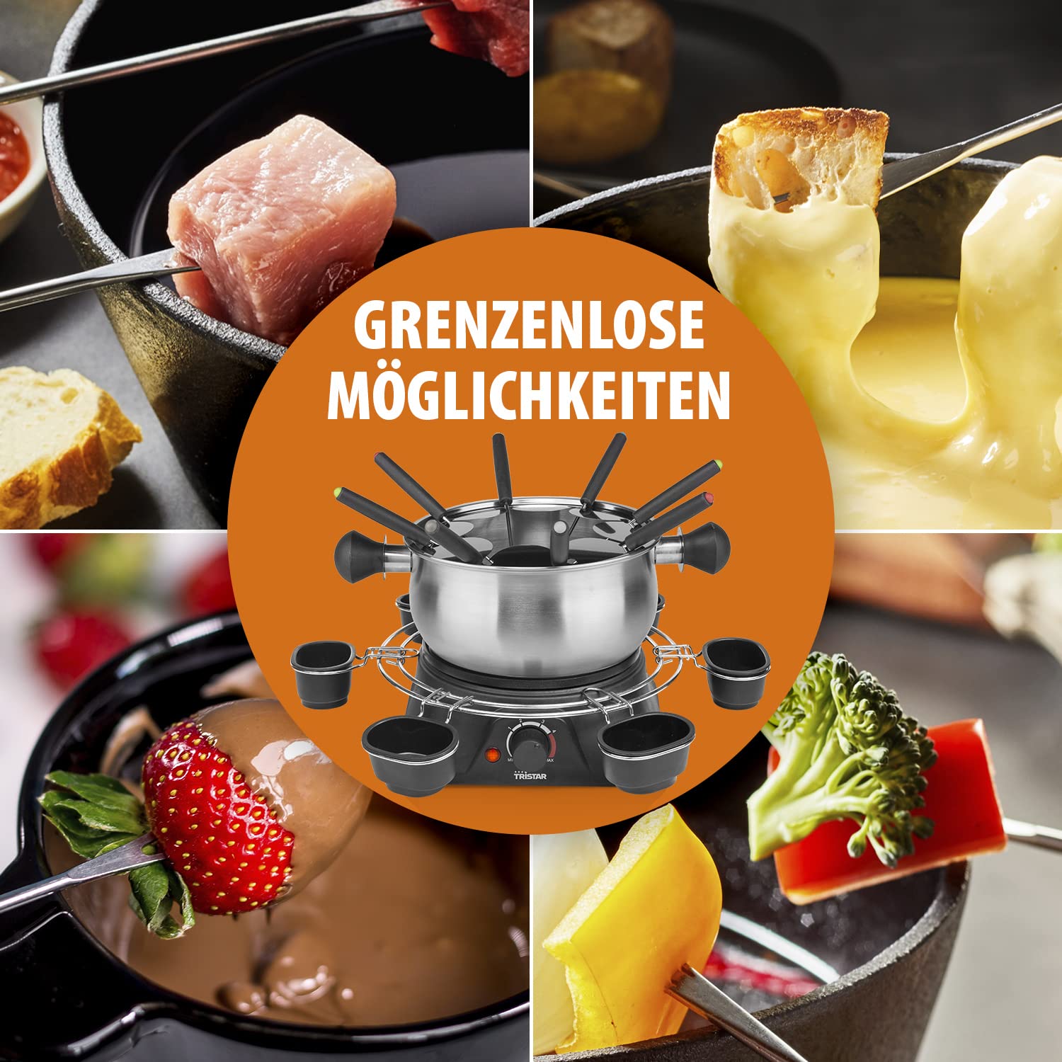 Tristar Fondue-Set für bis zu 8 Personen, 1,3 Liter Fassungsvermögen, inklusive Edelstahlgabeln und Saucenring, 1400 Watt, FO-1109