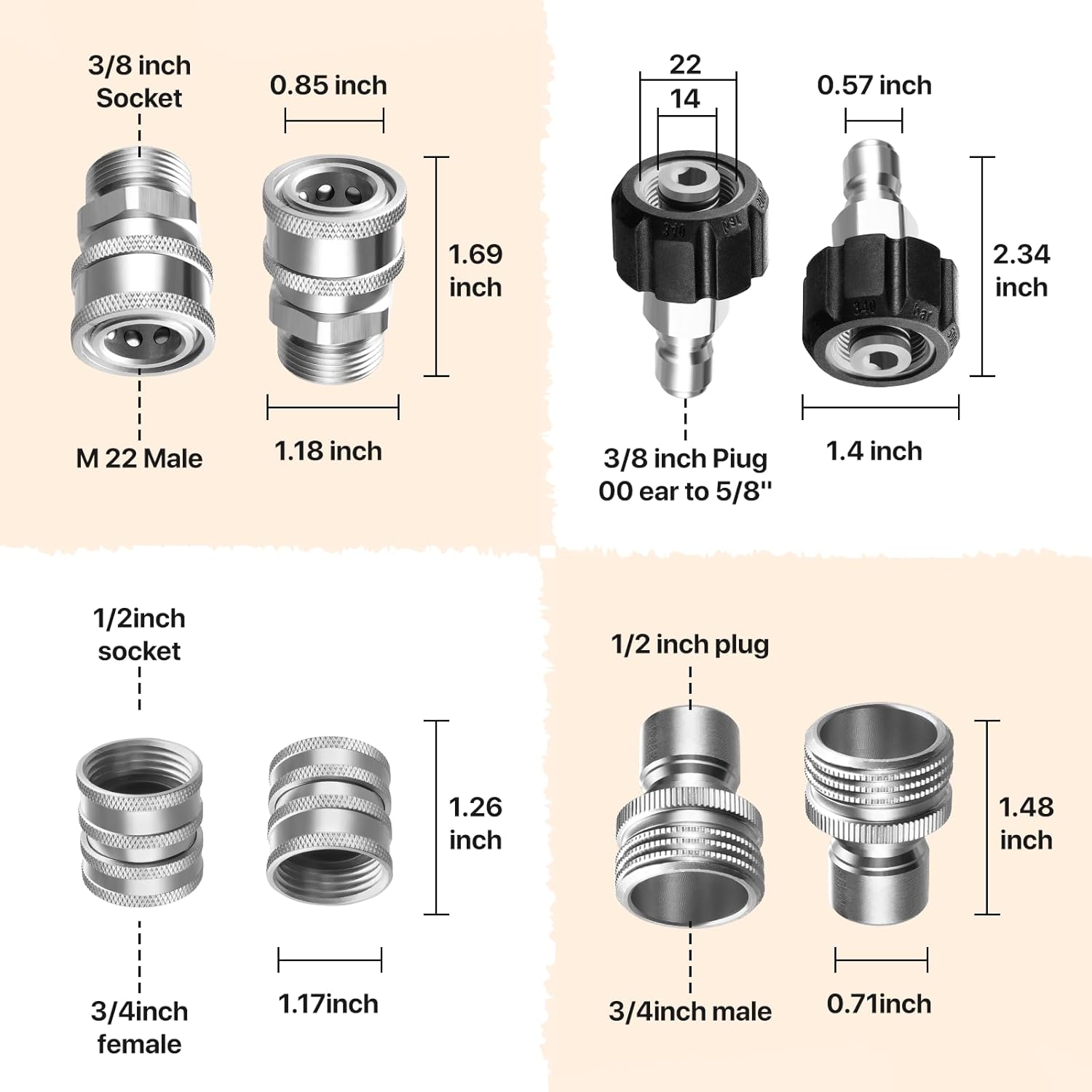 Twinkle Star Pressure Washer Adapter Set, Stainless Steel Quick Disconnect Kit, M22 14 mm Quick Connect Swivel to 3/8'' Quick Connect Fittings, 3/4" to Quick Release 9 Sets