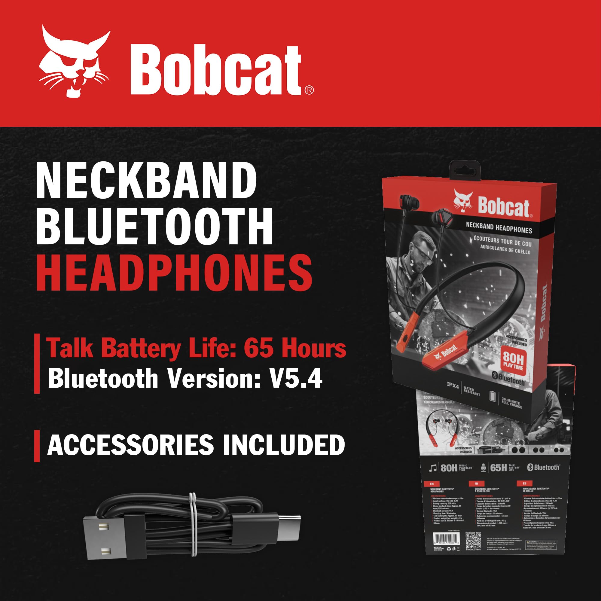 CJ TECH Bobcat - Cuffie Bluetooth con archetto da collo, con microfono, batteria 80H, ricarica rapida, IPX4, resistenti al sudore, per corsa, palestra e allenamento