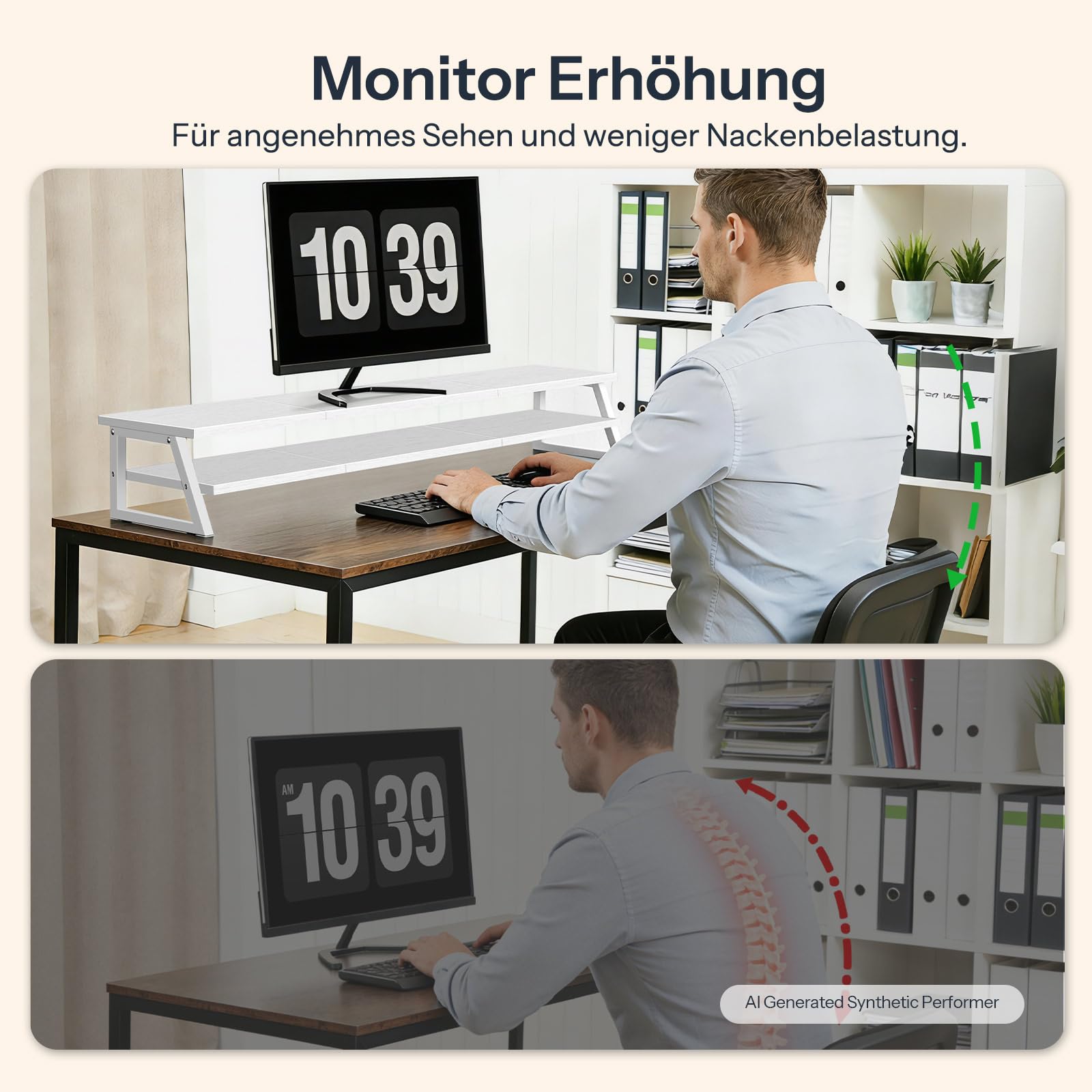 HOOBRO 2-stufiger Monitorständer Holzfür 2 Monitore, 100 x 24 x 19,5 cm, Dual Monitor Ständer, Bildschirmerhöhung, Monitor Erhöhung, Schreibtischregal für Büro und Heimarbeit,Weiß EWW122CJ01