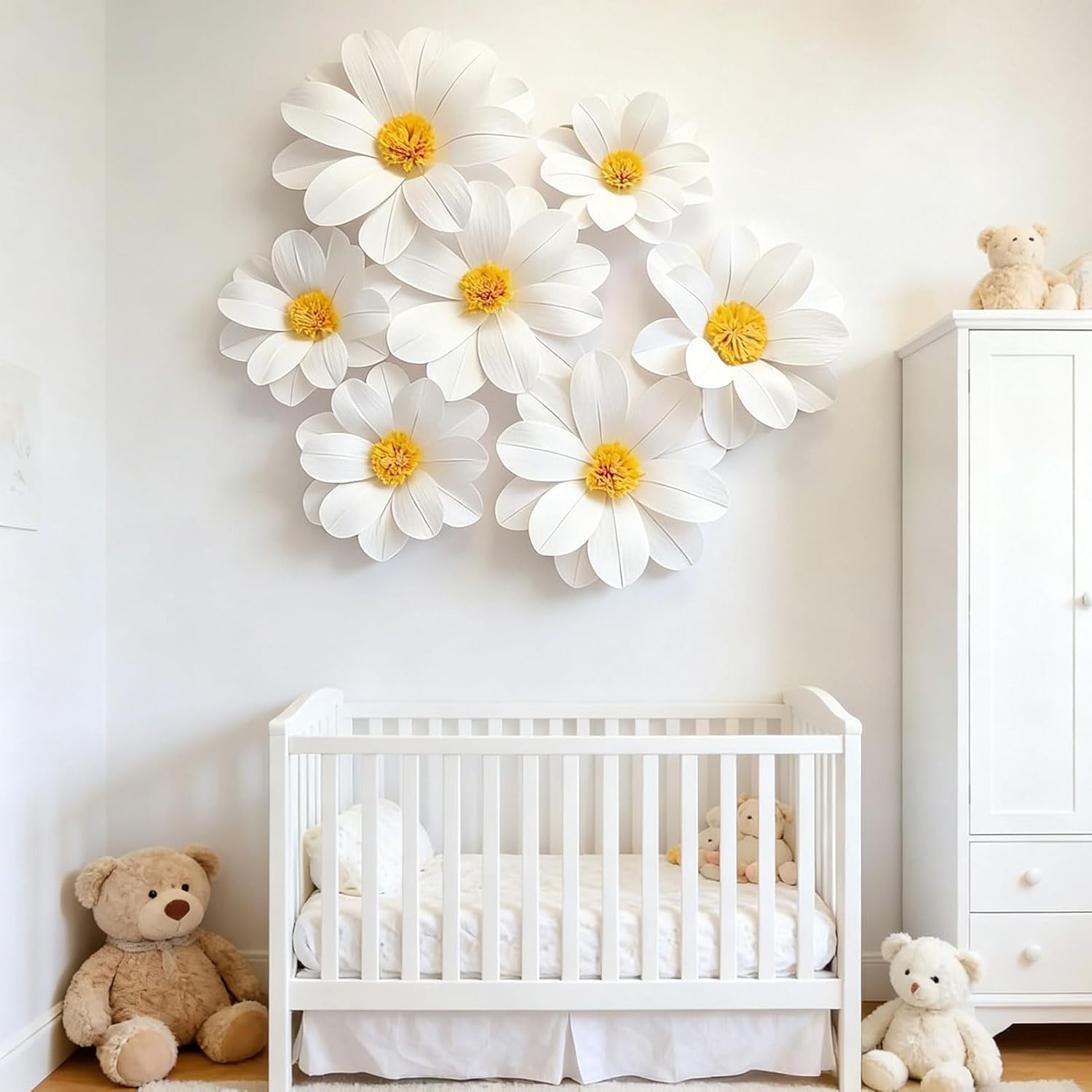 7PCS Crepe Paper Daisy Flower Decor Large White Paper Daisy Flowers for Backdrop Party Paper Tissue Pom Poms for Home Decor, Wedding Backdrops, Baby Shower, Birthday Party, Classroom Decoration