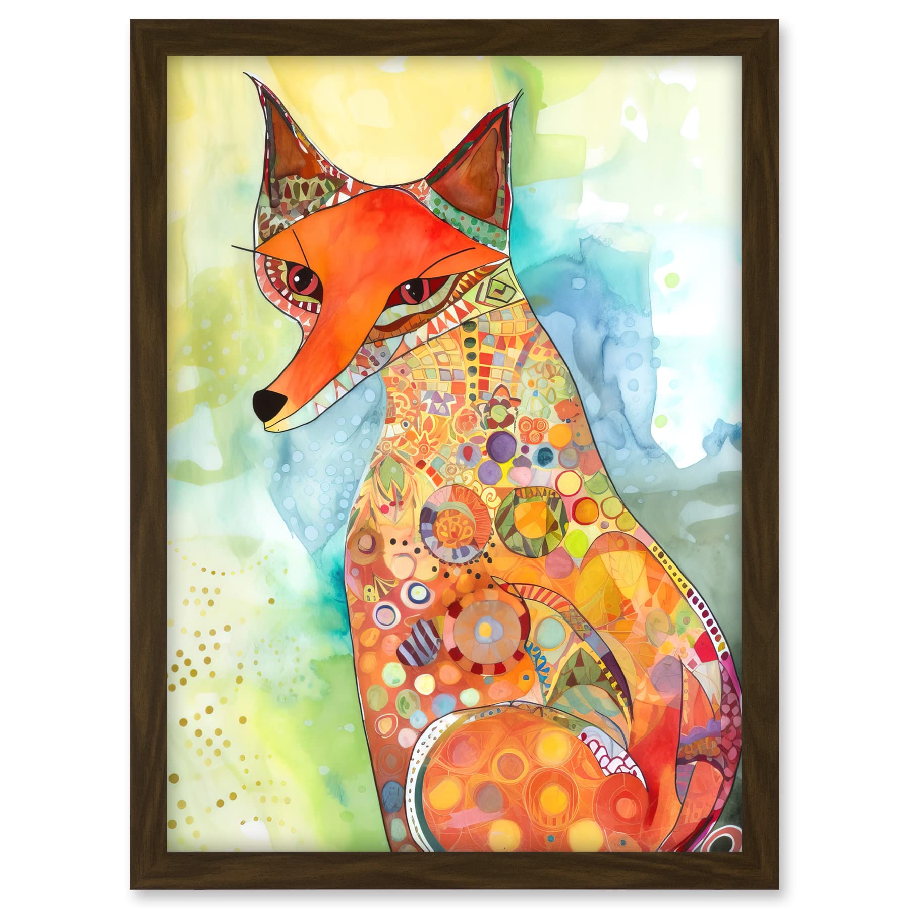 Artery8 Sitting Fox Folk Art Watercolour Painting Artwork Framed A3 Wall Art Print