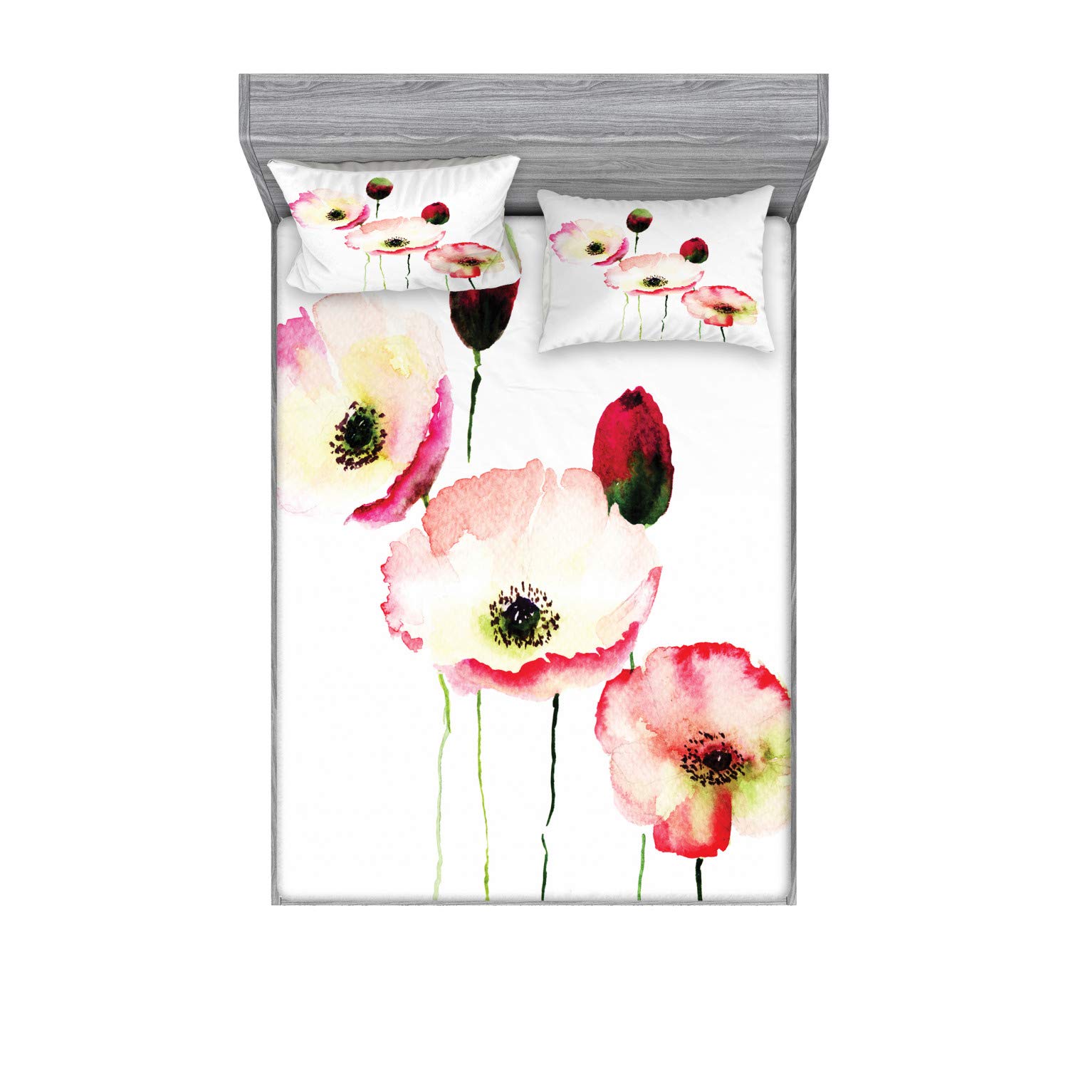 Amazon Com Ambesonne 罌粟花床包和枕頭套組 不同尺寸的罌粟花復興成長眾所周知的永恆標誌 裝飾印花3 件式寢具裝飾組 加大雙人床 粉紅色紅色