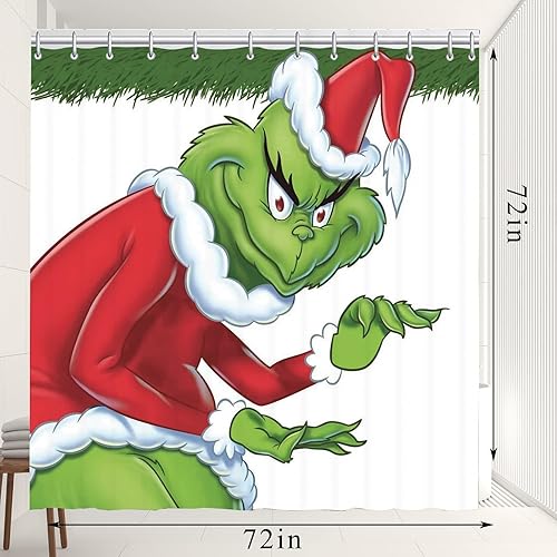 Miniatura 3 de AISky Cortina de ducha de Navidad, tapete de baño, cubierta para tapa de inodoro para baño, juegos de 4 piezas con 12 ganchos, dobladillo de plomo