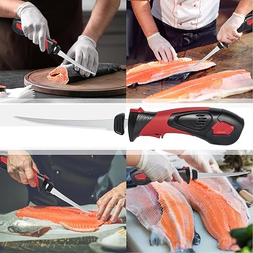 Miniatura 6 de Mershca Cuchillo de filete eléctrico inalámbrico, con cuchillas recíprocas antiadherentes de 8 pulgadas con revestimiento SS totalmente dentado y