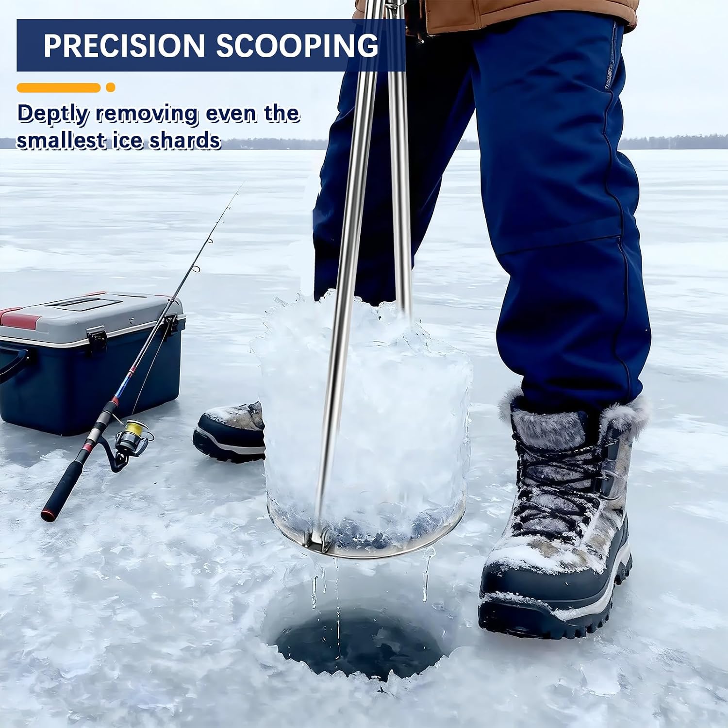 Ice Fishing Scoop Skimmer, Foldable Ice Fishing Skimmer Scooper Stainless Steel Ice Scooper with Comfortable Handle Ice Fishing Gear for Removes the Ice Fragments