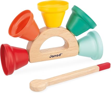 Janod Gioia Wood and Metal Handbell Set 5-Note Musical Bells on Wooden Holder with Mallet Early Rhythm & Sound Development for Toddlers 18 mo3 yrs - J07638