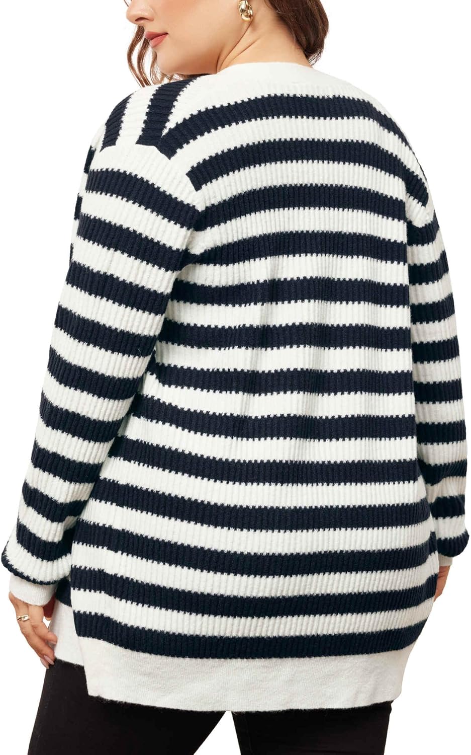 Agnes Orinda Plus Size Cardigan Sweater for Women Button Down Open Front Long Sleeve Striped Knit Cardigans Coat Winter - Image 4