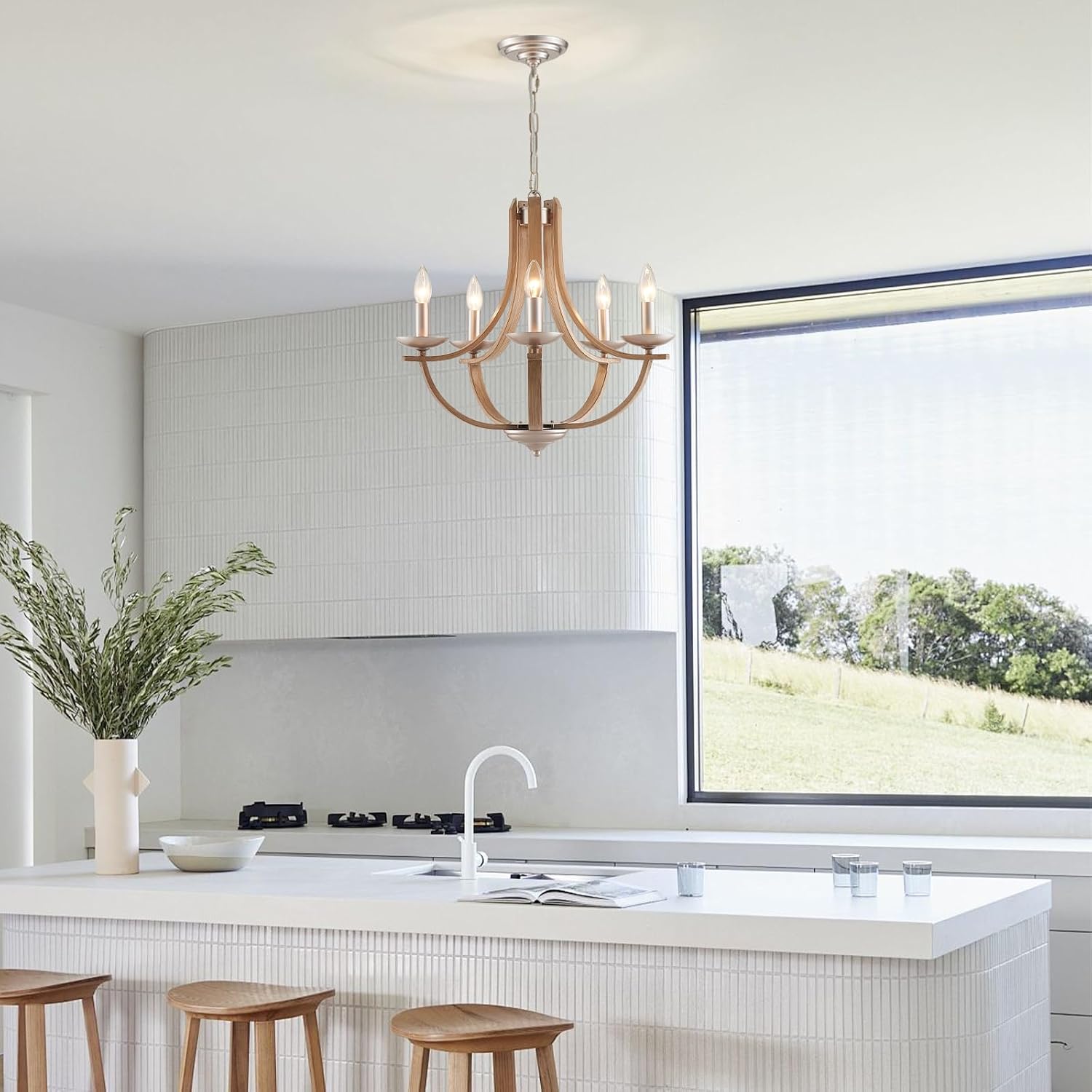 Farmhouse Candle Chandelier, 21 Inches Faux-Wood Grain Pendant Lighting Fixtures 5-Light Height Adjustable Hanging Ceiling Light for Dining Room Kitchen Island Bedroom Living Room