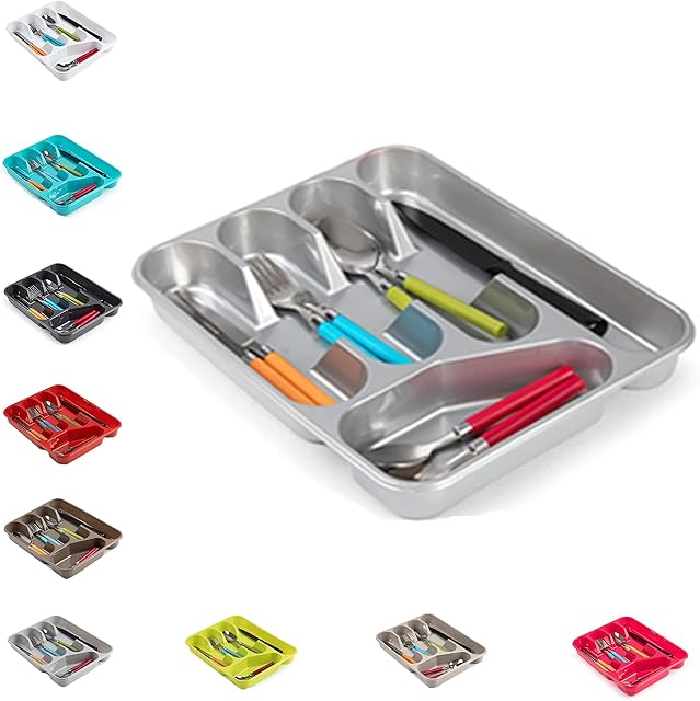 PLASTIFIC Large CUTLERY TRAY Flatware Organiser Strong Plastic Drawer Sliding Tidy Rack Holder Drawer Insert Tidy Storage, 33.5 x 26.5 x 4.5 cm - Solid Base, Silver