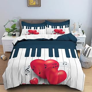 3D King Duvet Cover Set, Piano Keyboard Love King Duvet Cover Soft Microfiber Bedding Set Piano Keyboard Love Quilt Cover 230x220 cm with 2 Pillowcases 50x75 cm