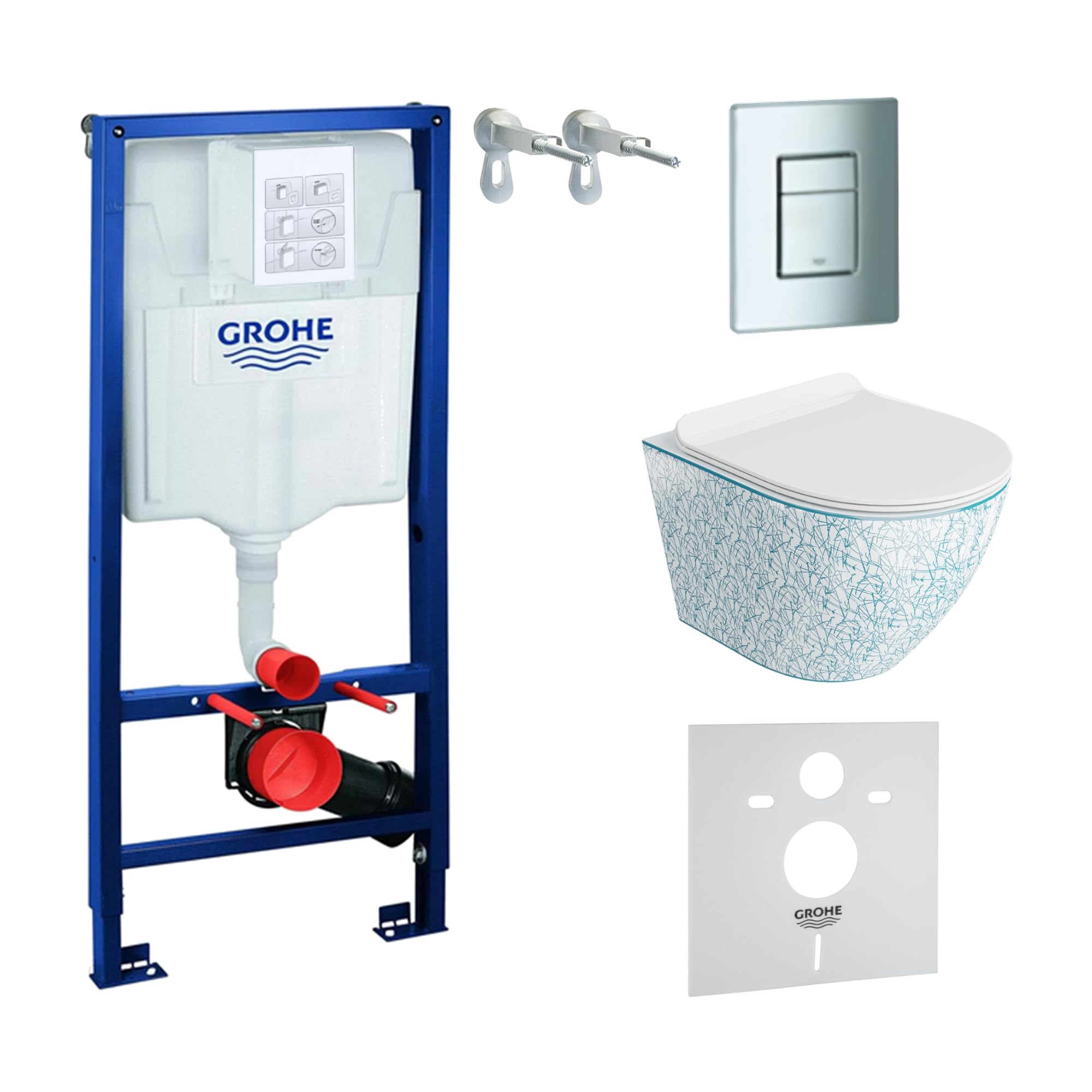 LAVITA Elemento de pared Solido + pared colgante WC Sofi Slim Kresz blanco/azul sin borde + asiento de inodoro SoftClose | Botón cromado | Juego completo | cisterna empotrada | inodoro completo
