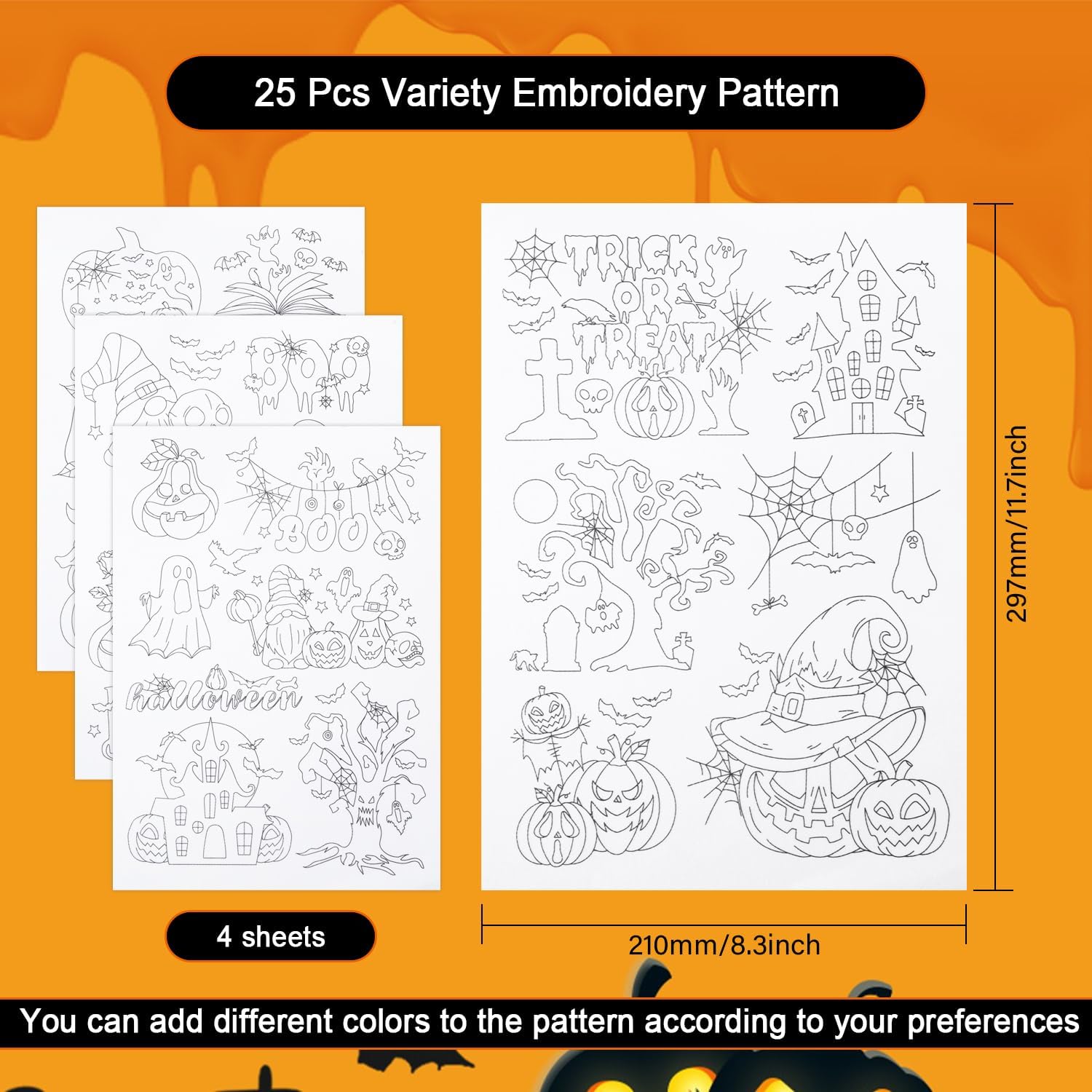 GLOBLELAND 4 Sheets Halloween Elements Water Soluble Hand Sewing Stabilizers for Fabric 11.6x8.2 Inch Embroidery Stitch Practice Embroidery Patterns Transfers for Embroidery Beginners