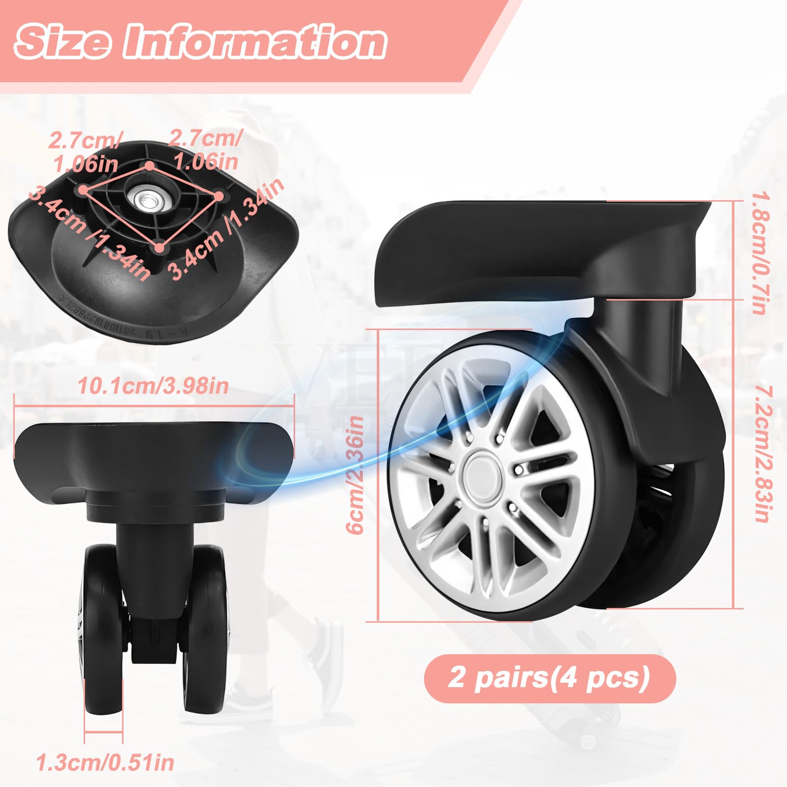 2 Paia Ruote Trolley Ricambio Rigide,Rotelle Scorta Valigie Universali,Ruota Valigia Girevoli Mute Doppia Fila,Rulli Bagagli Resistenti Rotazione 360°,Kit Sostituzione Riparazione per Custodia Viaggio