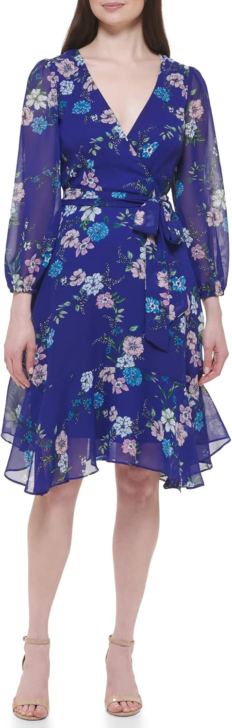 Jessica Howard Womens Floral Chiffon Wrap Mini Dress with Long Sleeves - Image 2