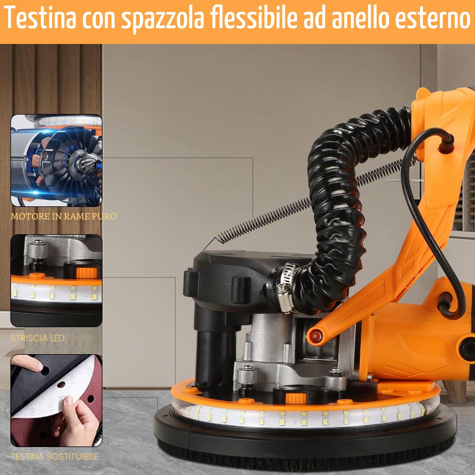 Smerigliatrice da parete e soffitto 1390 W, diametro 225 mm, testa di lavoro a LED, testa ribaltabile fino a 90°