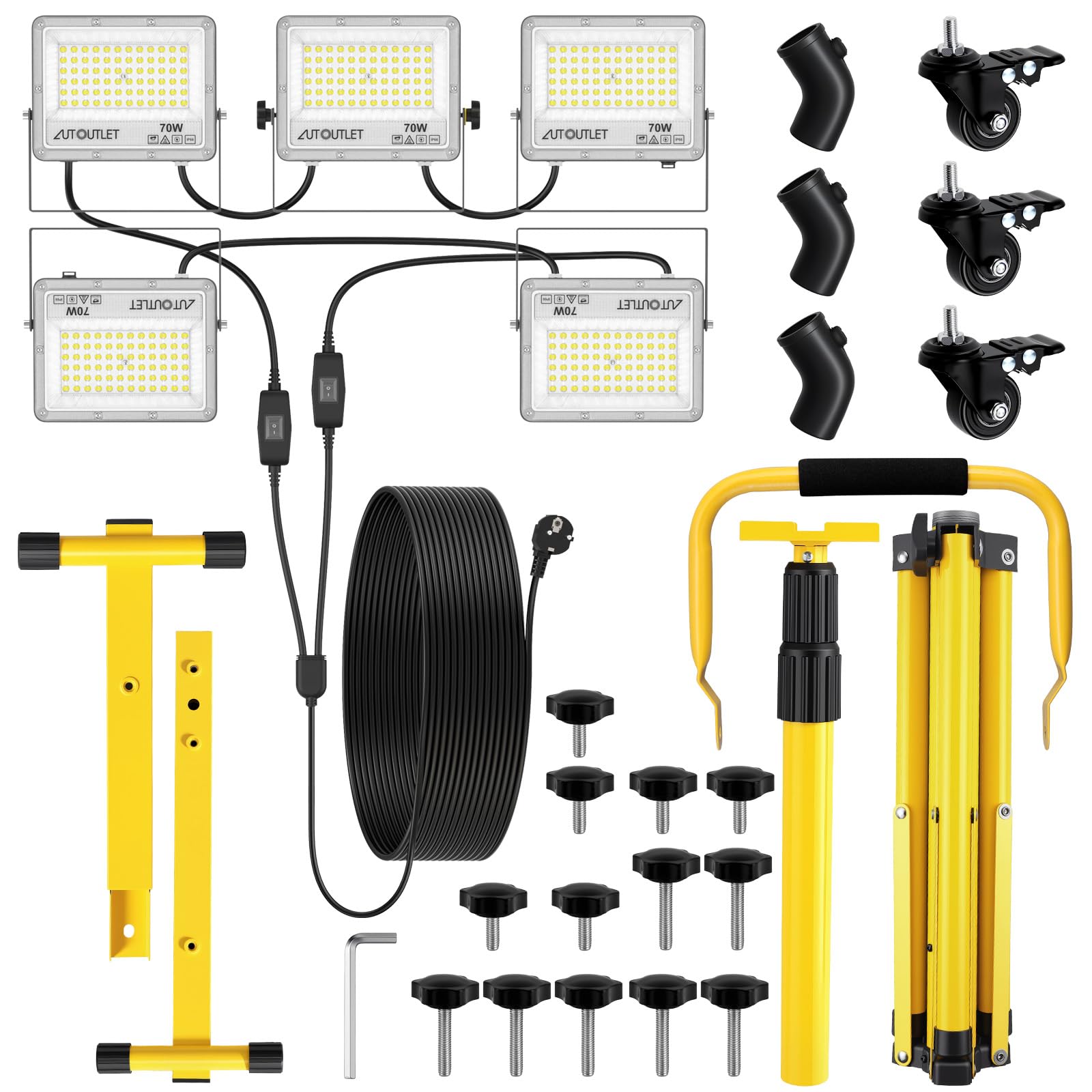 AUTOUTLET Projecteur de chantier LED avec trépied et roulettes, 5 x 70 W, 28 500 lm, éclairage de travail, lumière blanche froide 6 500 K, trépied réglable en hauteur, câble de 5 m, étanche IP66