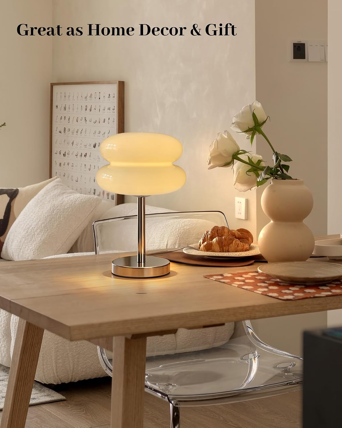 Cordless Mushroom Lamp, Mid Century Modern Glass Lamp 6000mAh Rechargeable Small Table Lamps, Cute Cool Desk Lamps for Living Room Nightstand Home Decor Aesthetic image 5