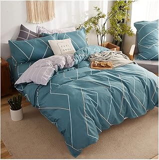 FXJ Wrinkle Stain Resistant Four Piece Bed Set Reversible Quilt/Duvet Cover Set Twin Double Full/Queen King Flower Comforter Cover Sets Queen Size Sheet Set (Blue C 200x230)