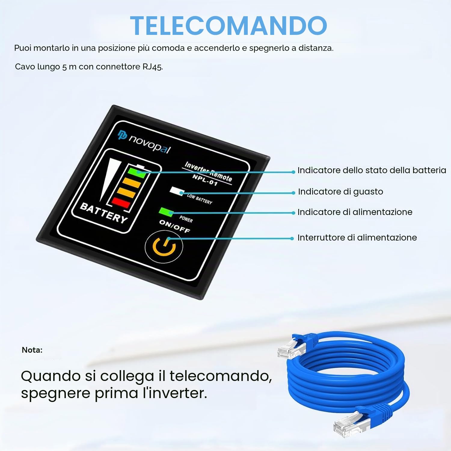 Novopal 3000W/6000W Inverter 12V 220V Onda Pura con 2 EU Presa,1 USB and 5 Metri di Telecomando,Adatto per Case, Camper, Camion, Sistemi Solari Off-Grid