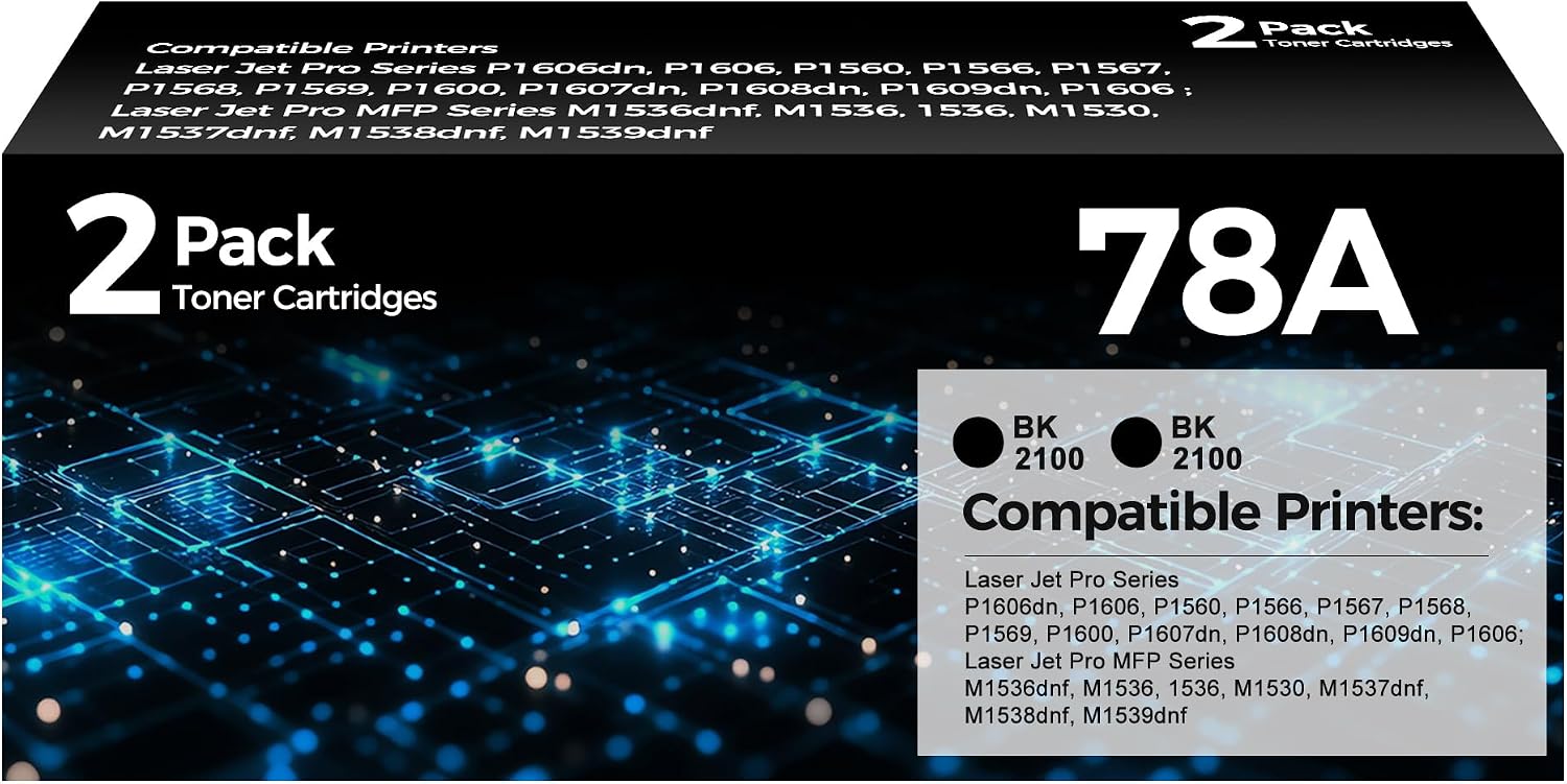 2 Pack 78A Toner Cartridges Black Replacement for HP 78A CE278A Work with Laser Jet Pro P1560 P1566 P1568 P1569 P1606dn P1606P1600 Series Printer High Yield Toner Ink (CE278A Black Toner, 2 Pack)