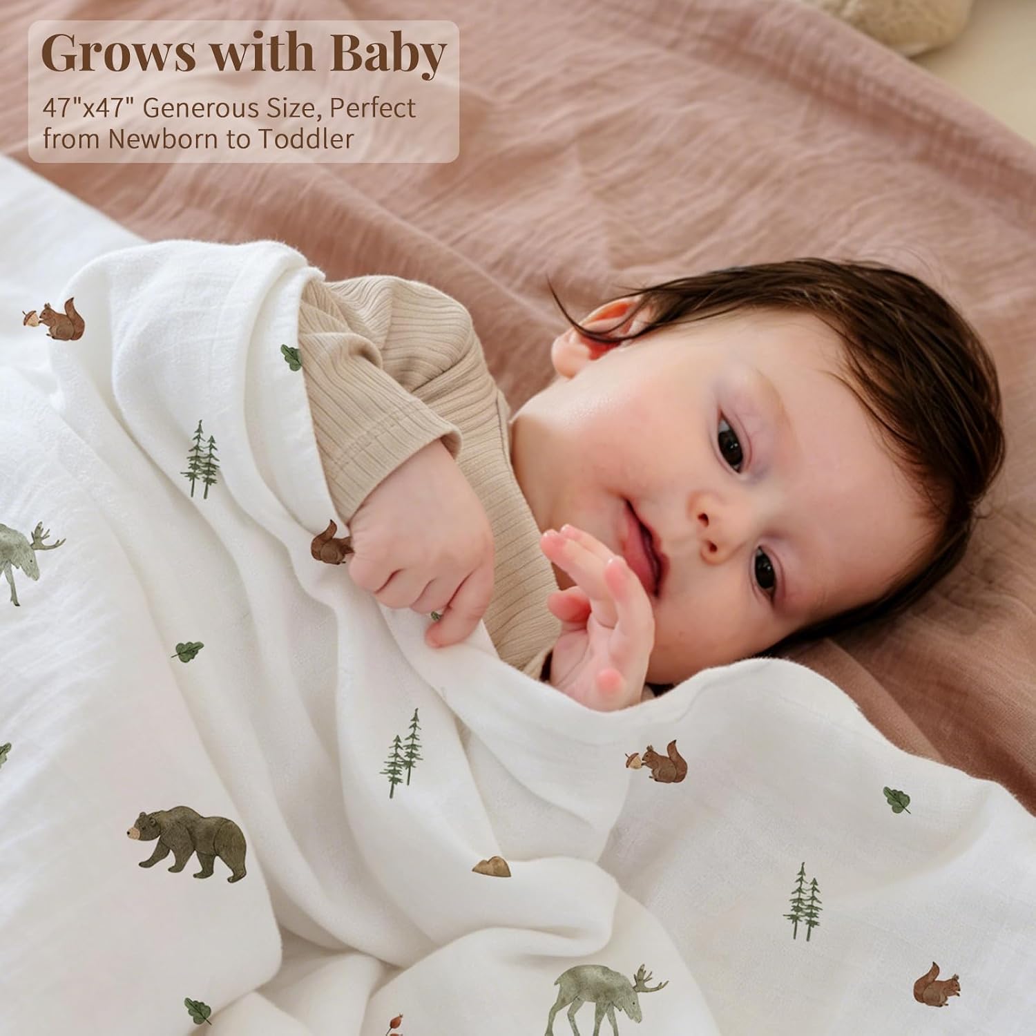POMISO Muslin Swaddle Blankets for Boys & Girls, Newborn Receiving Blankets, 4 Pack Soft Breathable Baby Swaddles, Large 47x47 Inches, Forest Animals