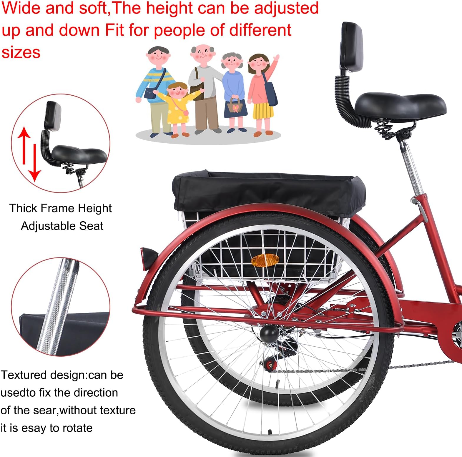 Adult Tricycle，24/26-Inch Adult Trikes, 3 Wheel Cruiser Bike with Large Basket & Adjustable Seat, Shopping Picnic Tricycles for Women, Men, Seniors