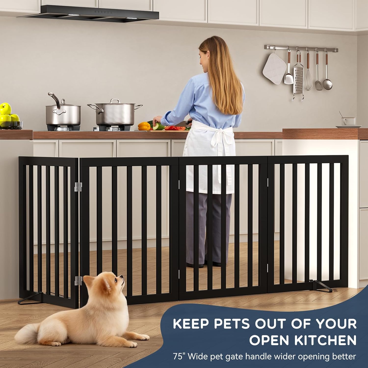 Homykic Bamboo Freestanding Dog Gate, No Assembly Pet Gate Indoor, 24”H x 75”W Extra Wide Foldable Puppy Barrier Fence with Support Feet for the House, Doorways Stairs, 4 Panels, No Drilling, Black