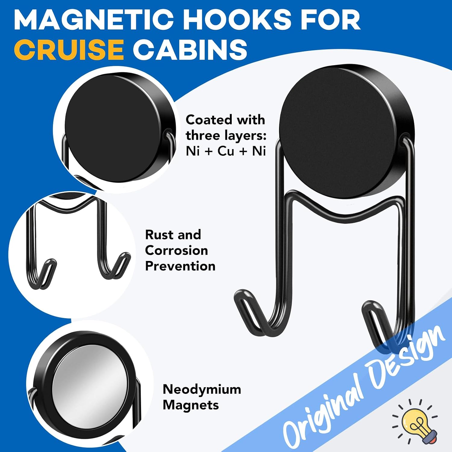 LOVIMAG Magnetic Hooks, 80lbs+ 2026 Cruise Cabin Ship Essentials Magnet Hook Heavy Duty Strong Magnets Refrigerator Fridge Hanging for Classroom Beach Vacation Kitchen Home Must Haves 5 Pcs (Black)