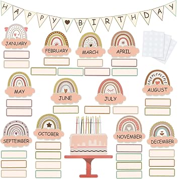 60 Pieces Boho Classroom Decor Birthday Bulletin Board Decorations Set Rainbow Bulletin Board Decor Classroom Chart Wall Decoration Cutouts for School Calendar Birthday Border Brown Series
