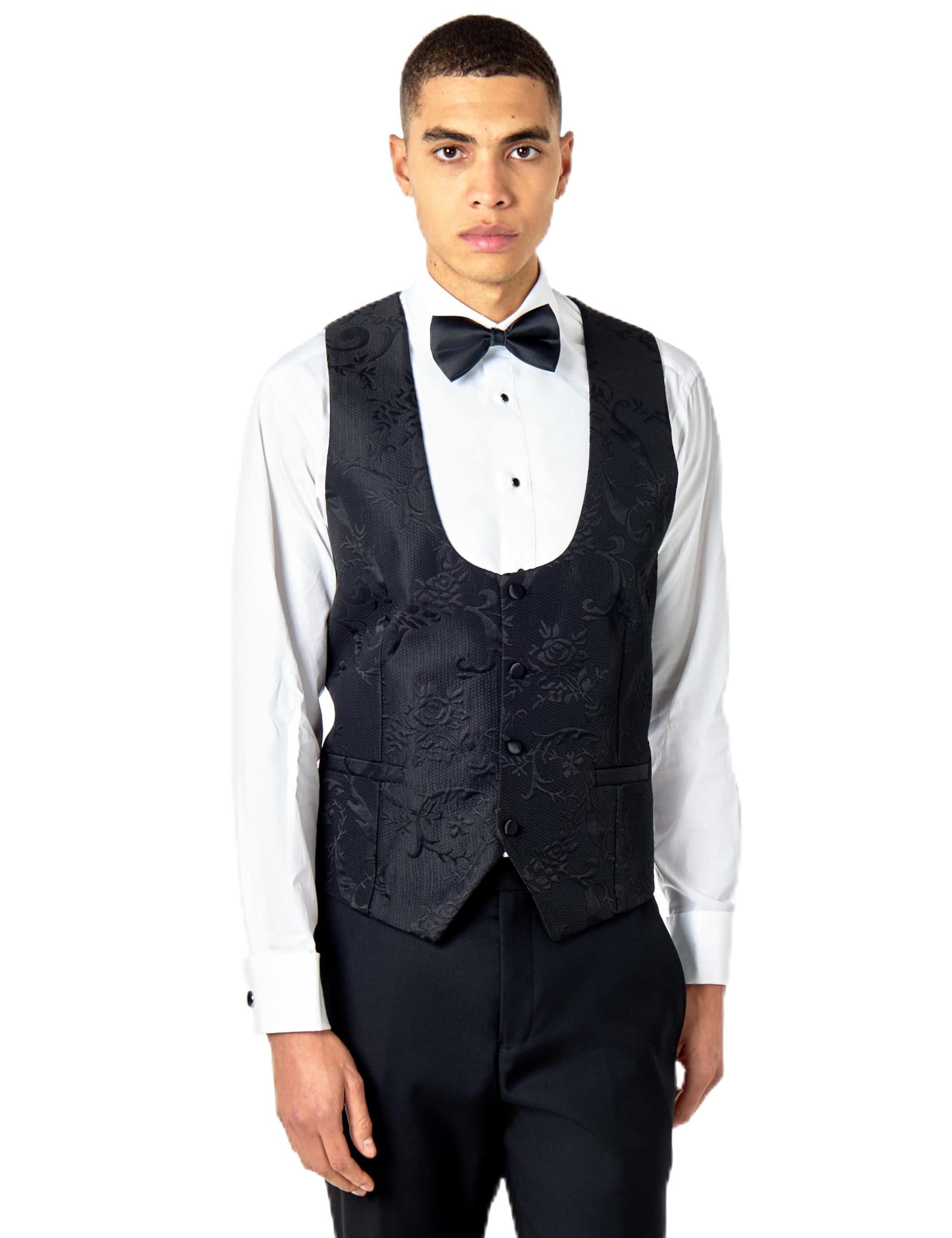 Xposed Men's Black ’S Tuxedo Suit Waistcoat Damask Flocked Jacquard Print [Wc-Henry-, Uk/Us 52 Eu 62]