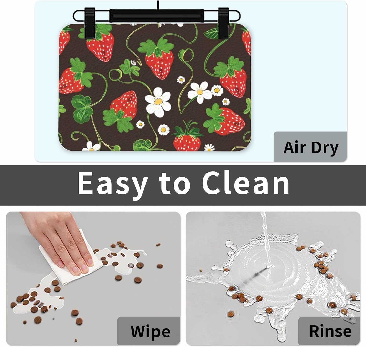 Strawberry Flower Leaves Leather Absorbent Pet Feeding Mat Non-Slip for Dogs Cats 40x60cm