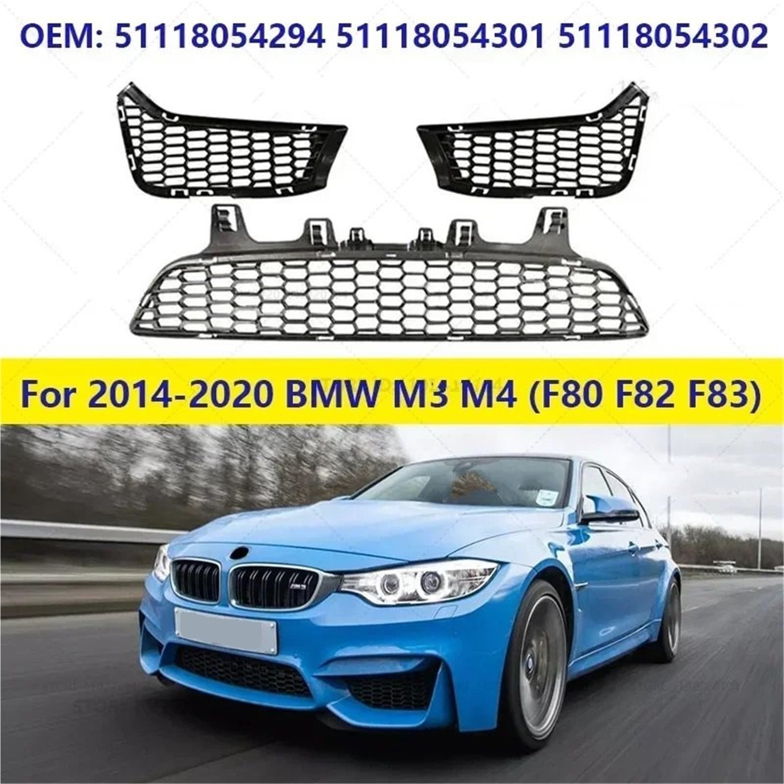 Pasuje do BMW M3 M4 (F80 F82 F83) 2014-2020 Przedni zderzak Przeciwmgielne Ramka Grille 51118054294 51118054301 51118054302 osłona chłodnicy(3 set)