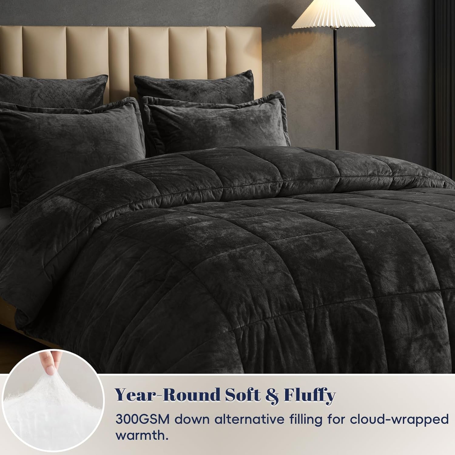 PHF Double-Sided Velvet Comforter Set King Size, 5 Piece Soft Luxury Winter Warm Bedding Sets, Modern Bed in A Bag Including 1 Cozy Comforter, 2 Pillow Shams, 2 Euro Shams for Home Decor, Black - Image 5