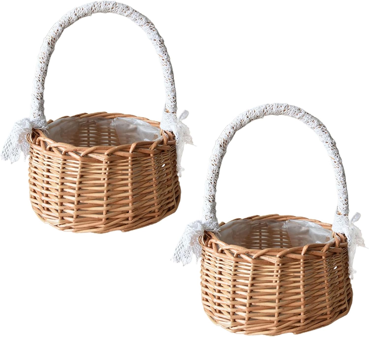 Wicker Rattan Flower Basket, Willow Handwoven Flower Girl Basket with Handle and Plastic Insert, Easter Eggs Candy Basket Wedding Flower Girl Baskets for Home Garden (2Pcs Small)